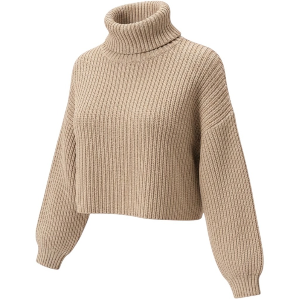Babaton Aritzia Merino‎ Wool Cropped Turtleneck Sweater Beige Ribbed Knit  M